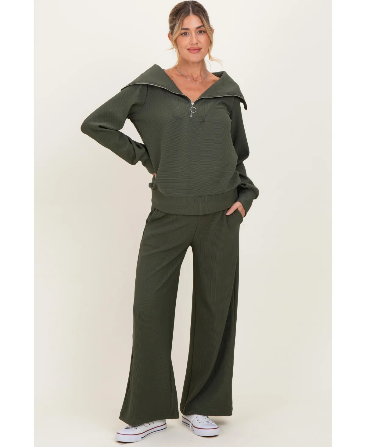 Olive Ribbed Half Zip Pullover Wide Leg Pant Set by PinkBlush