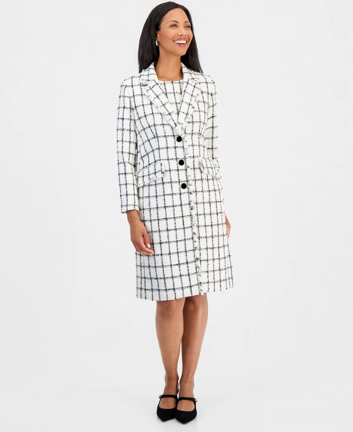 Windowpane Tweed Fringe Trim Duster Jacket by Kasper
