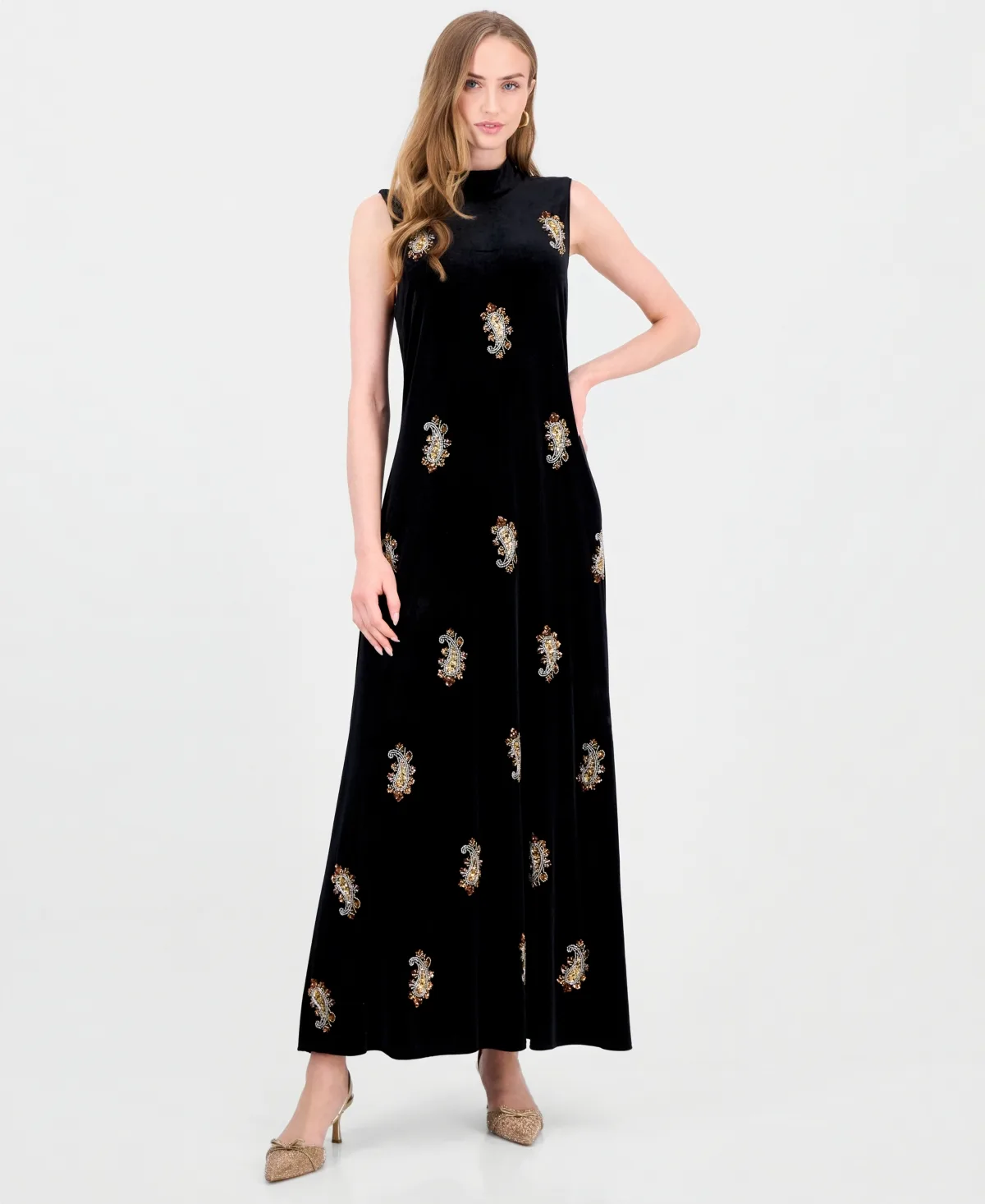 Vani Mock-Neck Embellished Velvet Maxi Dress by Elie Tahari