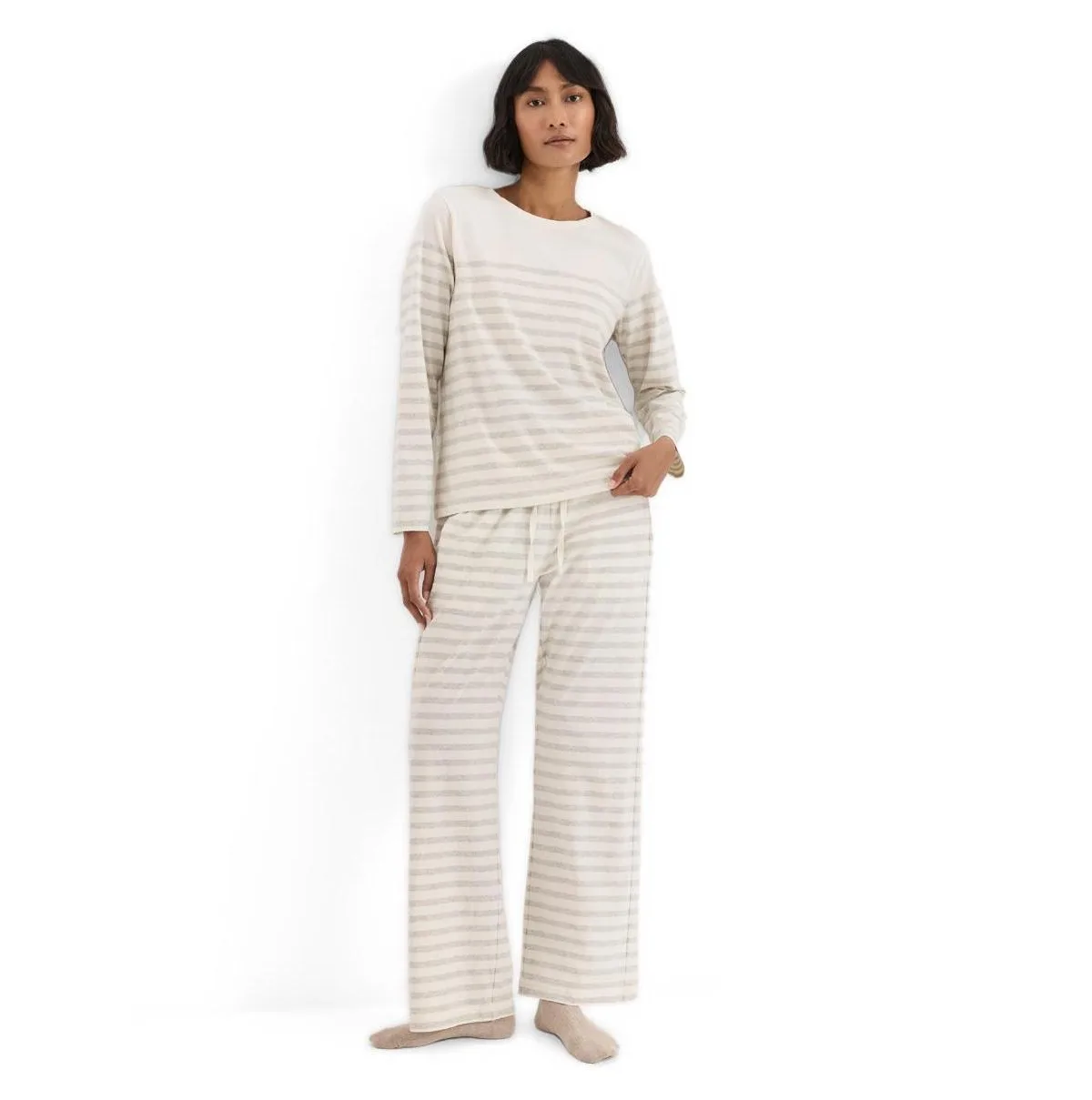 Cool Stretch Long-Sleeve Wide-Leg Crewneck Cotton-Blend Pajama Set by Pact