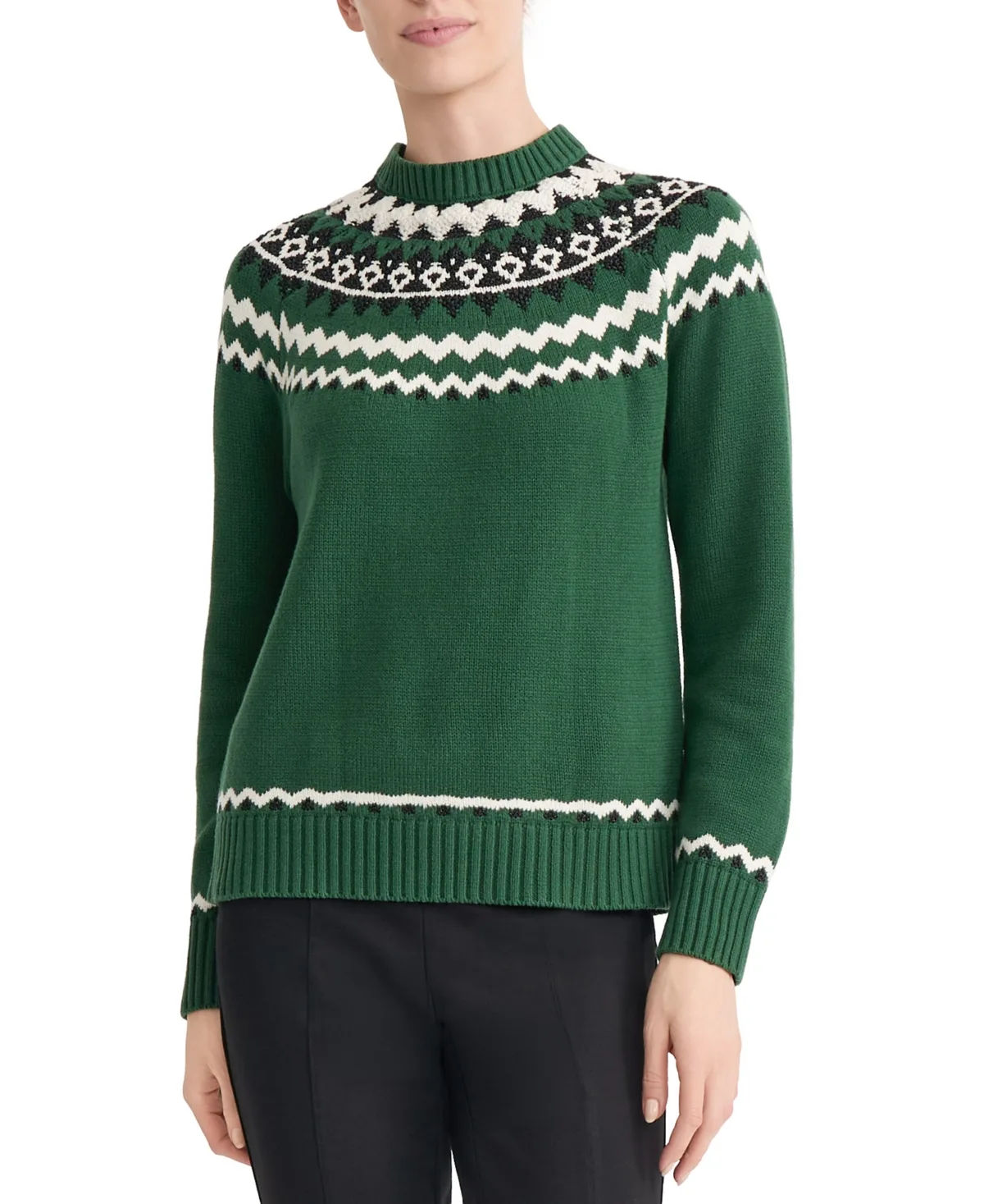 Three Color Placed Yoke Fair Isle Crew Neck Long-Sleeve Fitted Sweater