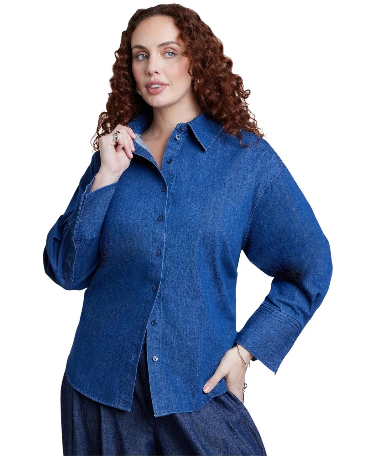 Tie-Back Chambray Relaxed-Fit Top by Eloquii