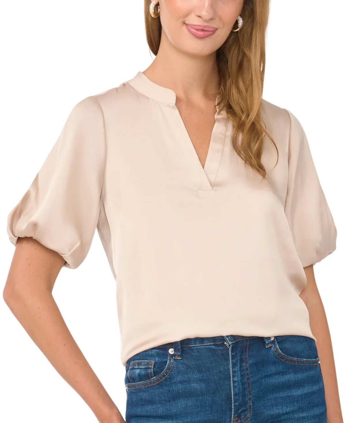 V-Neck Puff Sleeve Satin Blouse by Vince Camuto