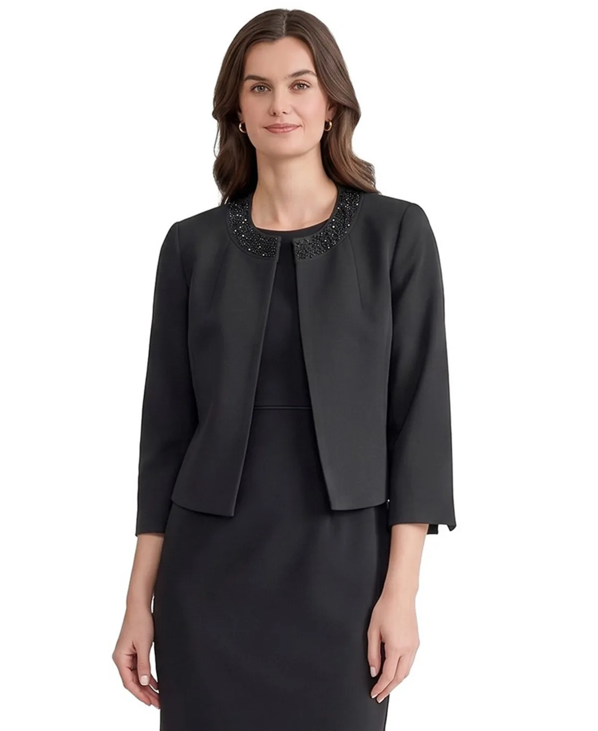Rhinestone-Embellished Open-Front 3/4-Sleeve Cardigan by Kasper
