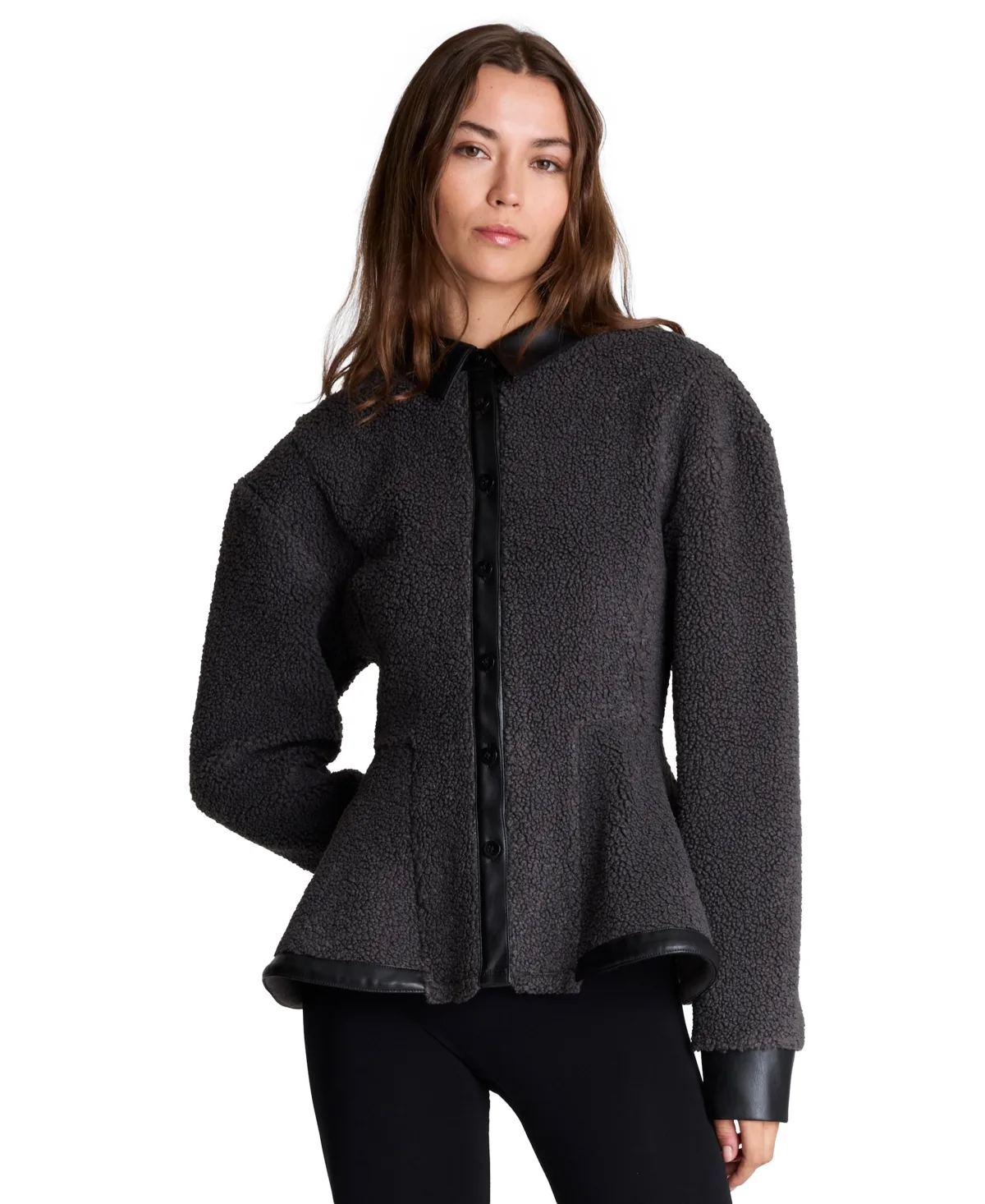 Teddy Faux Fur Collared Peplum Long-Sleeve Cardigan Sweater by Kenneth Cole