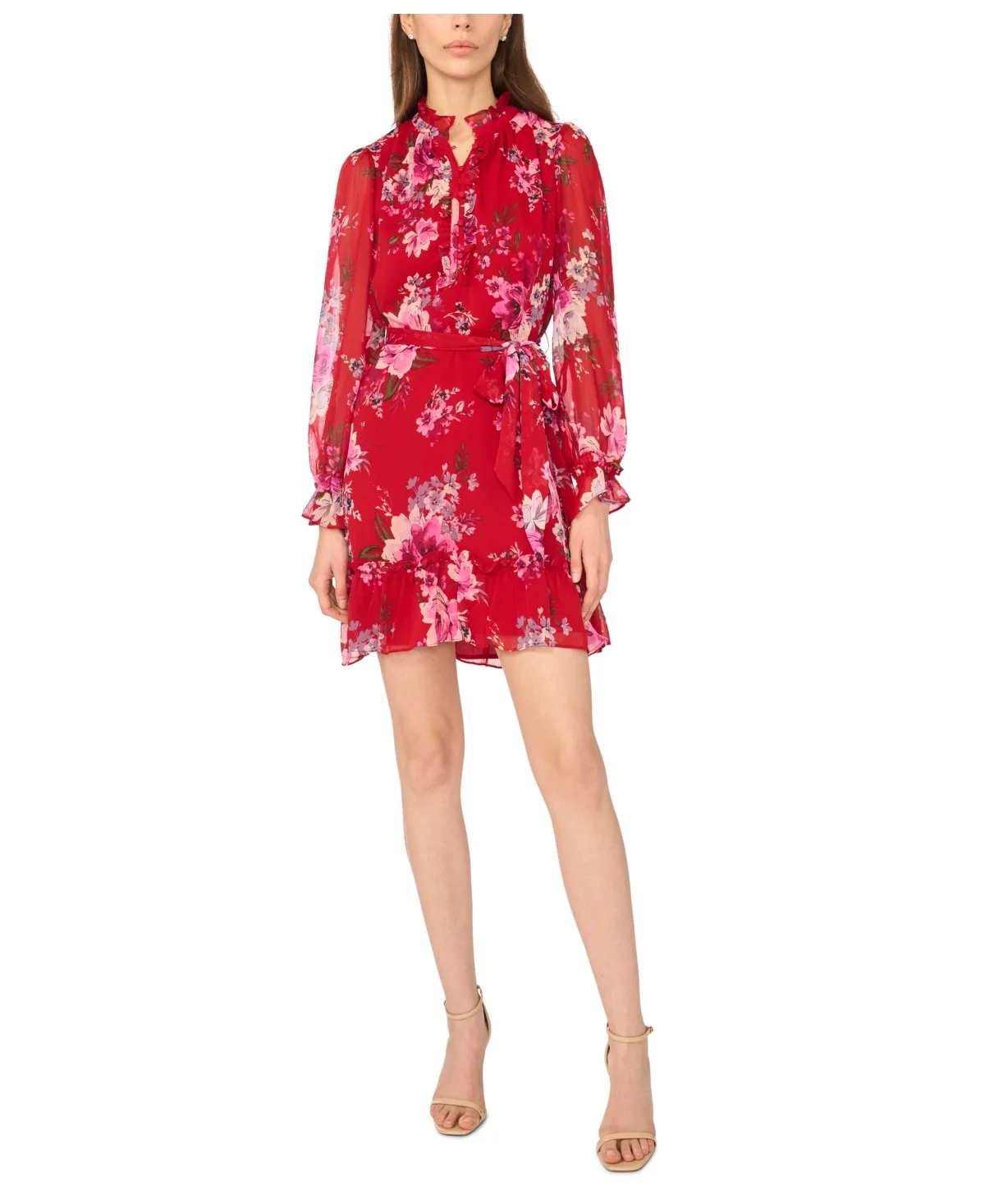 Floral-Print Tie-Waist Ruffle-Trim Mini Dress