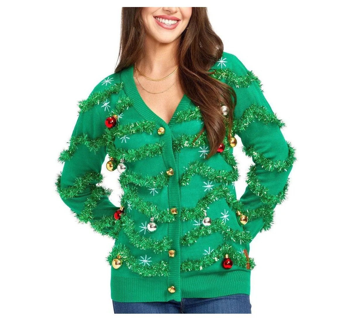 Tacky Tinsel Holiday V-Neck Button-Front Cardigan by Tipsy Elves