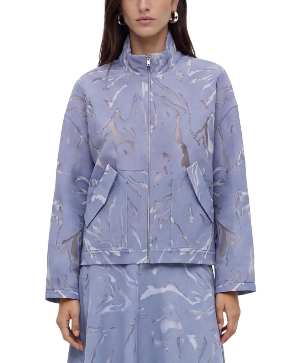 Patterned Funnel Neck Zip Jacket by Nocturne
