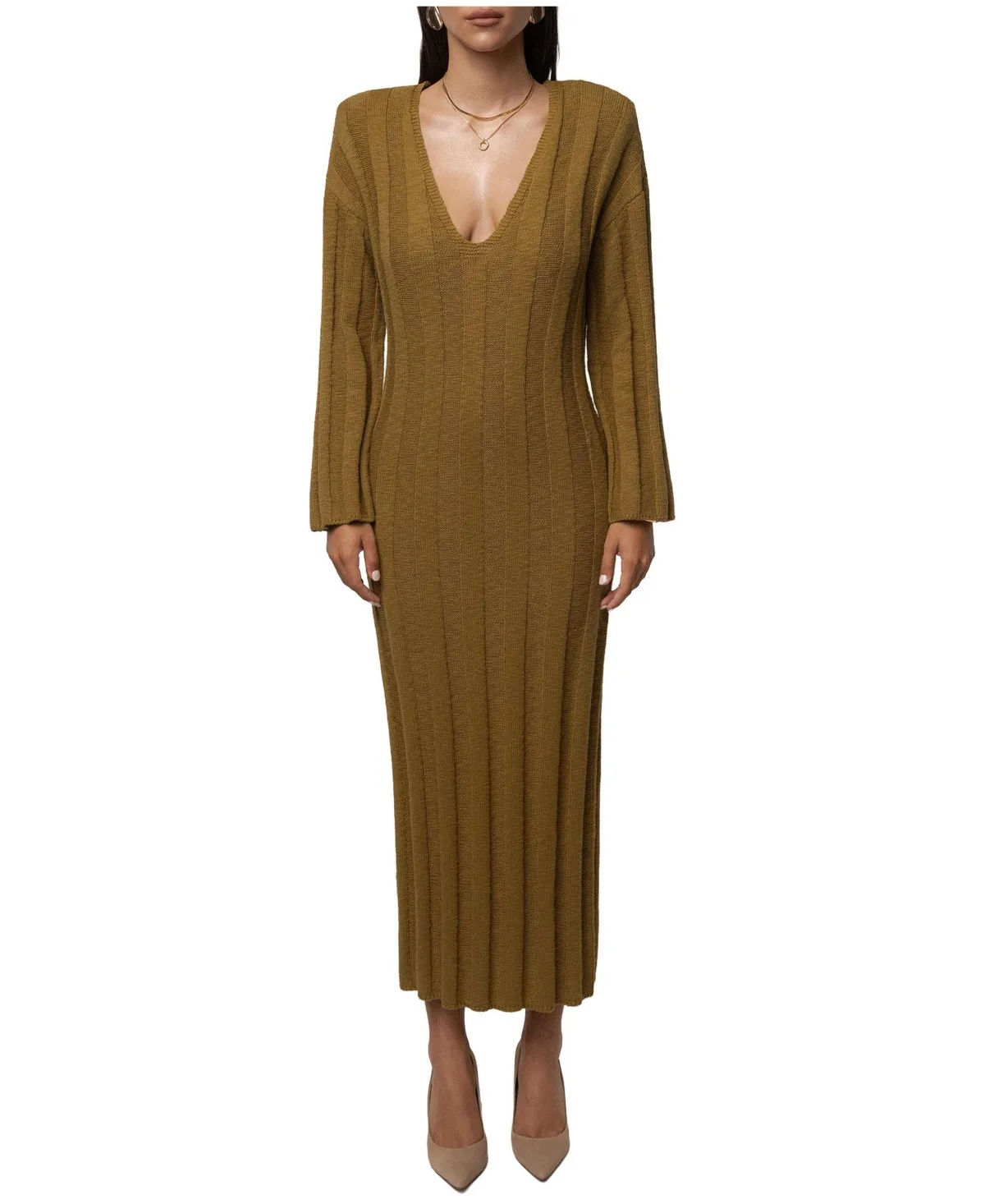 Warm Drift Cable-Knit V-Neck Midi Sweater Dress by Jluxlabel