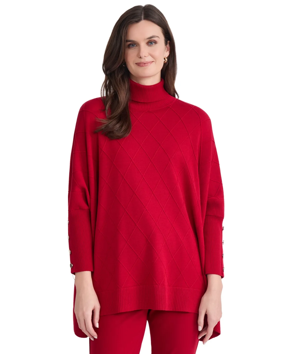Mixed Cable-Knit Split Neck 3/4-Sleeve Poncho Sweater by Jones New York