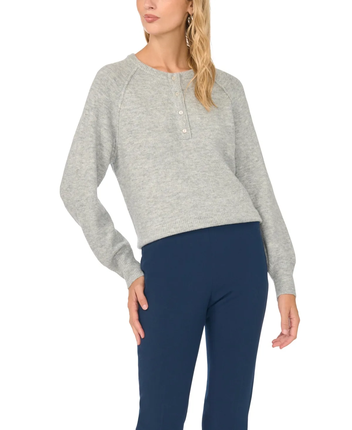 Long-Sleeve Raglan Henley Sweater by Vince Camuto