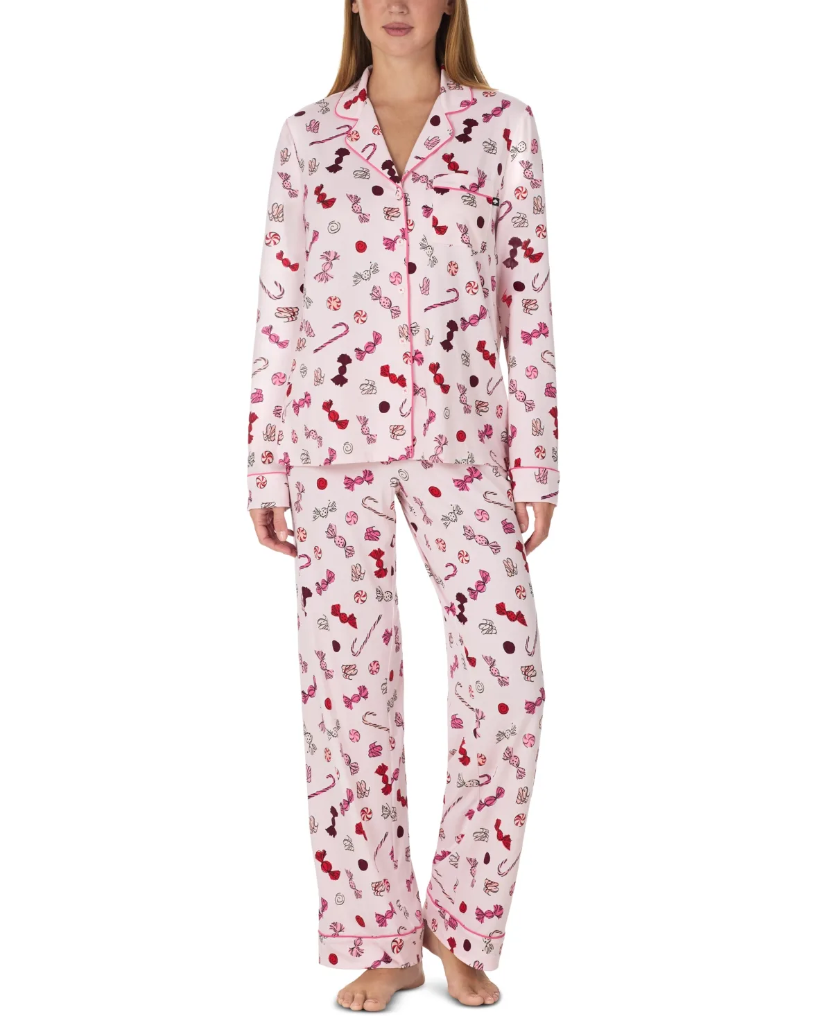 Long-Sleeve Notch Collar Brushed Jersey Long Pant Pajama Set