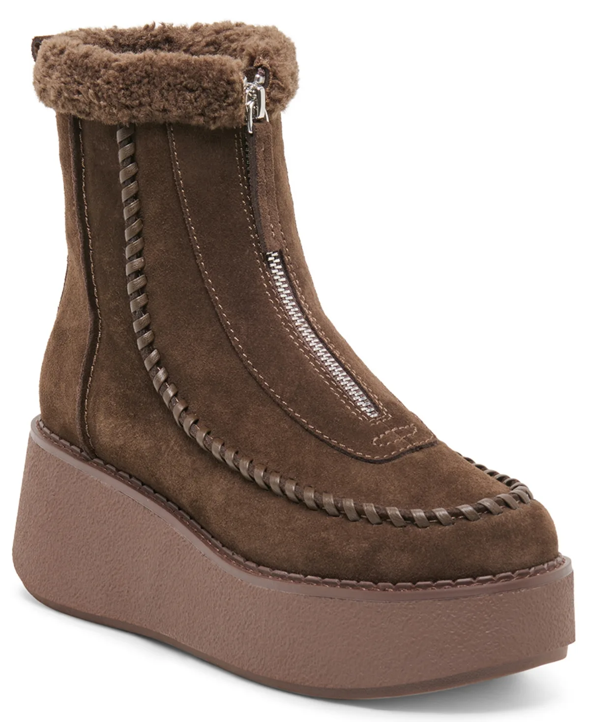 Roben Front-Zip Whipstitch Faux Fur Collar Booties - Espresso Suede by Dolce Vita