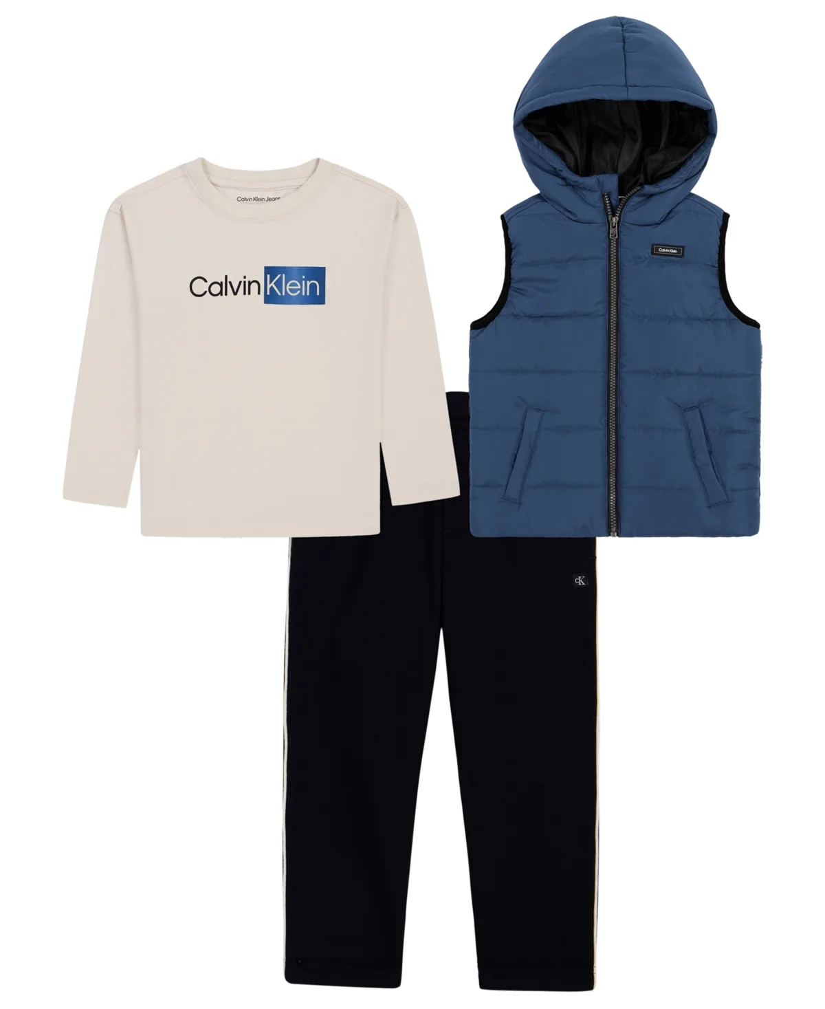 Hooded Puffer Vest, Long-Sleeve T-Shirt and Fleece Pants, 3-Piece Set by Calvin Klein