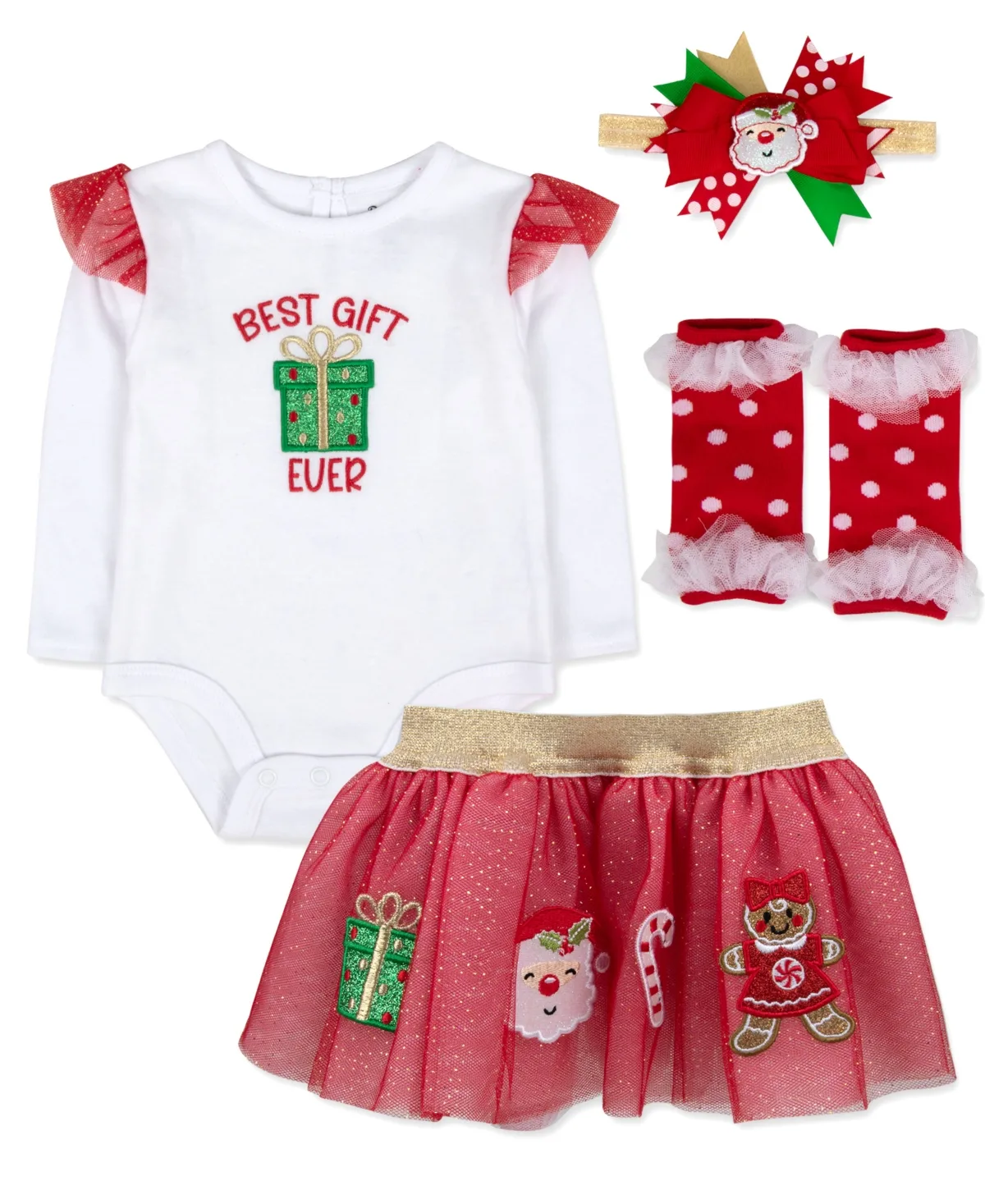 Holiday Long-Sleeve Bodysuit, Tutu Skirt, Leg Warmers and Headband, 4-Piece Set by Baby Essentials