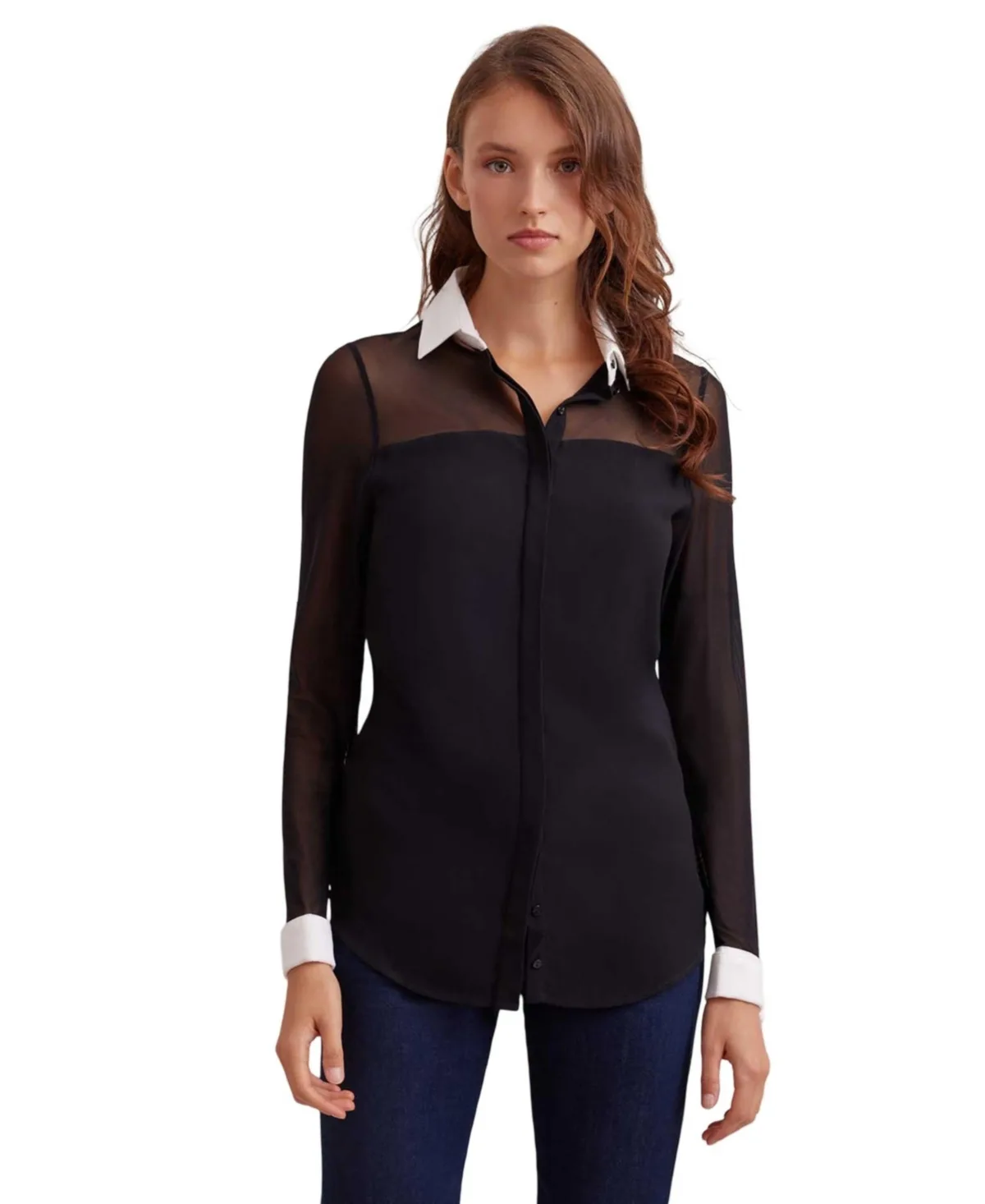 Sheryl Point-Collar Long-Sleeve Sheer Blouse by Anne Fontaine
