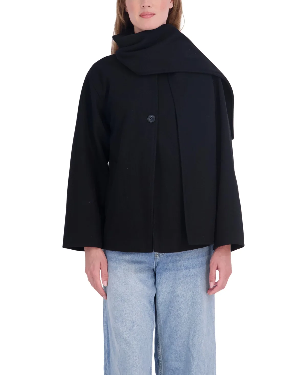 Faux Wool Collarless Detachable Scarf Coat by Sebby Collection