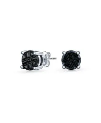 Geometric Cubic Zirconia Round Solitaire Black Invisible Cut Stud Earrings.925 Sterling Silver
