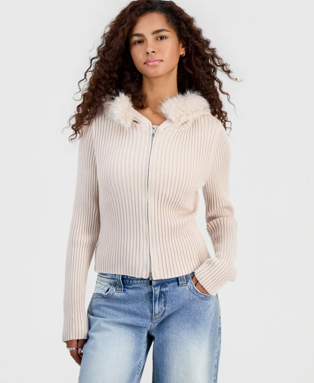 Full-Zip Hooded Faux Fur Trim Cardigan