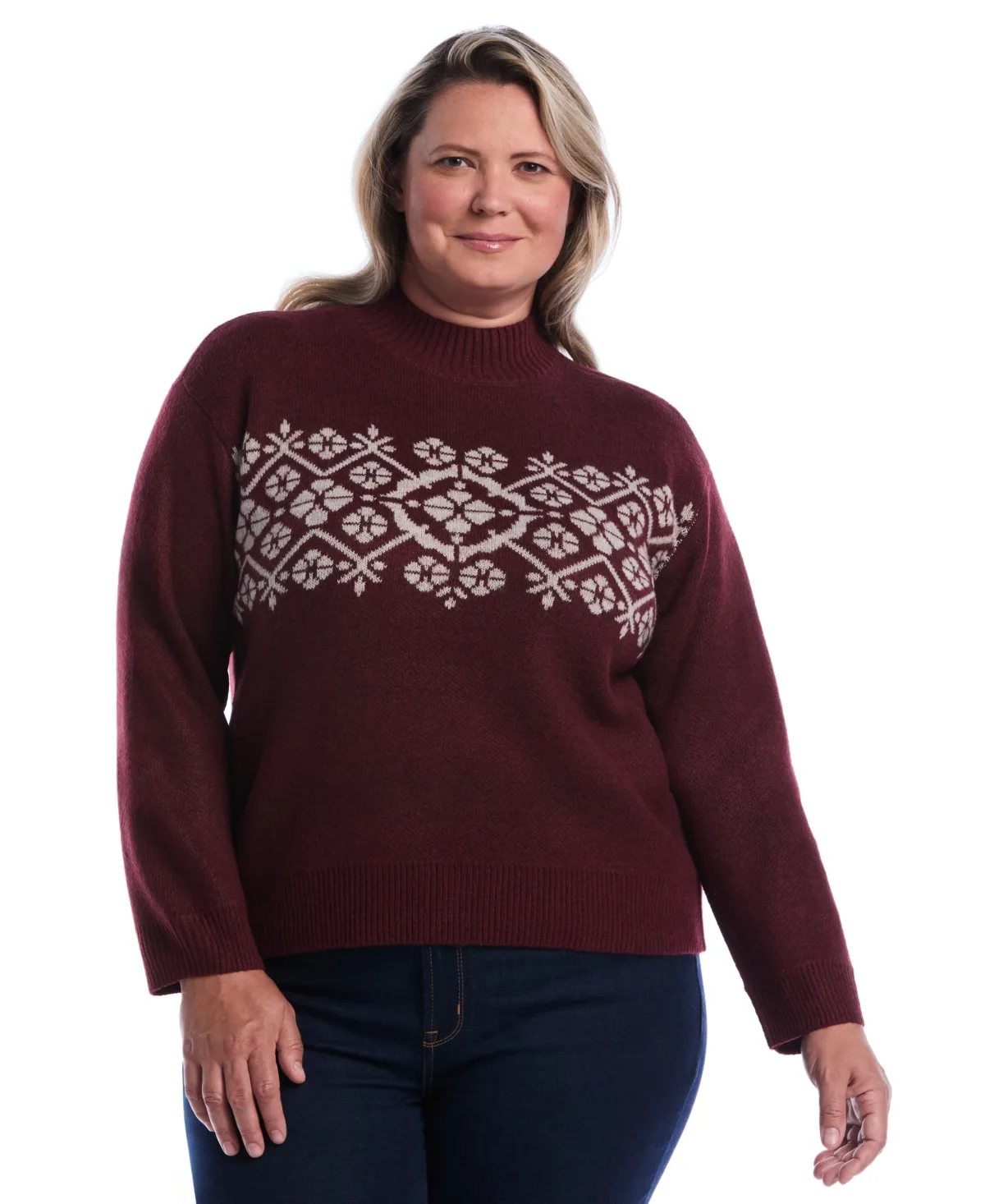 Floral Argyle Mock Neck Long-Sleeve Pullover Sweater by Rafaella