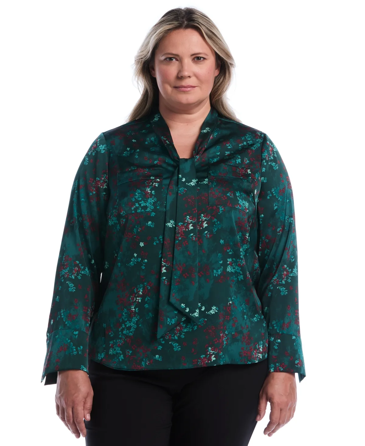 Long-Sleeve Satin Floral-Print Blouse by Rafaella