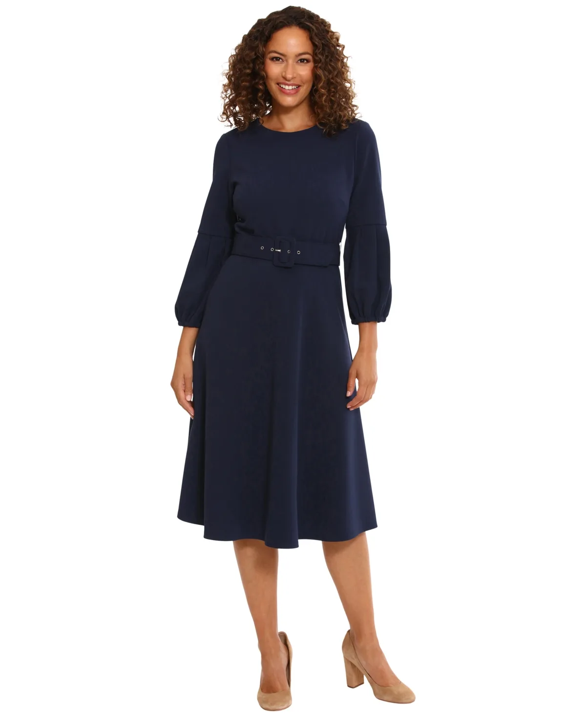 Belted Scuba-Crepe Fit & Flare Dress by London Times