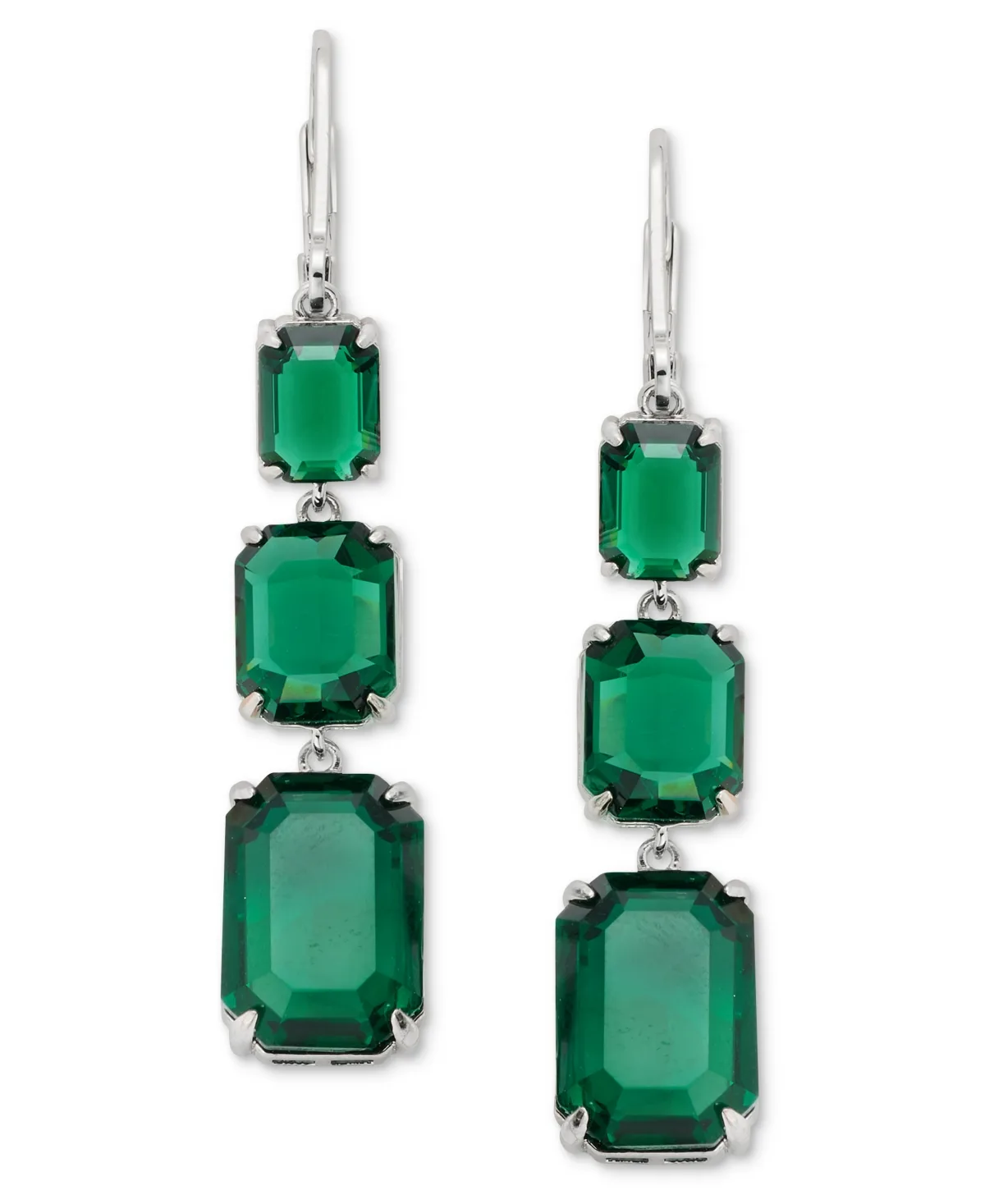Lauren Ralph Lauren Silver-Tone Emerald Crystal Simulant Triple-Drop Earrings by Ralph Lauren
