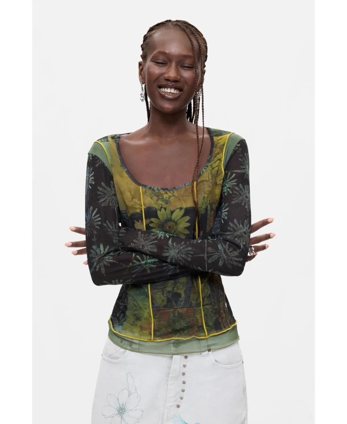 Long-Sleeve Floral-Print Scoop Neck T-Shirt by Desigual
