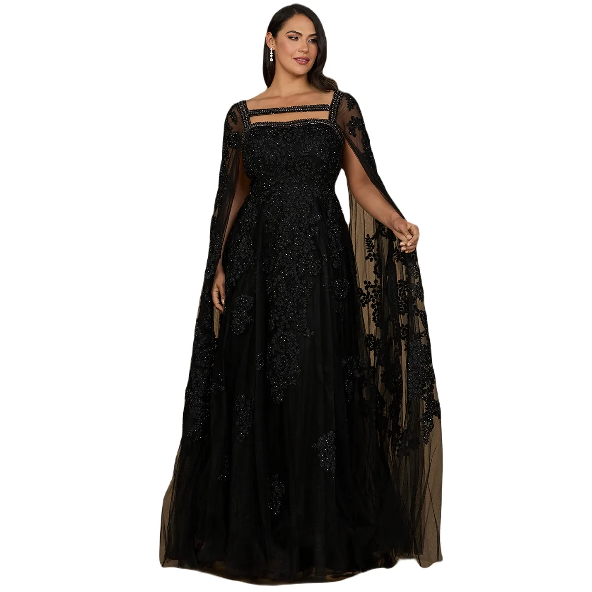 Lace Gown with Long Cape Sleeves