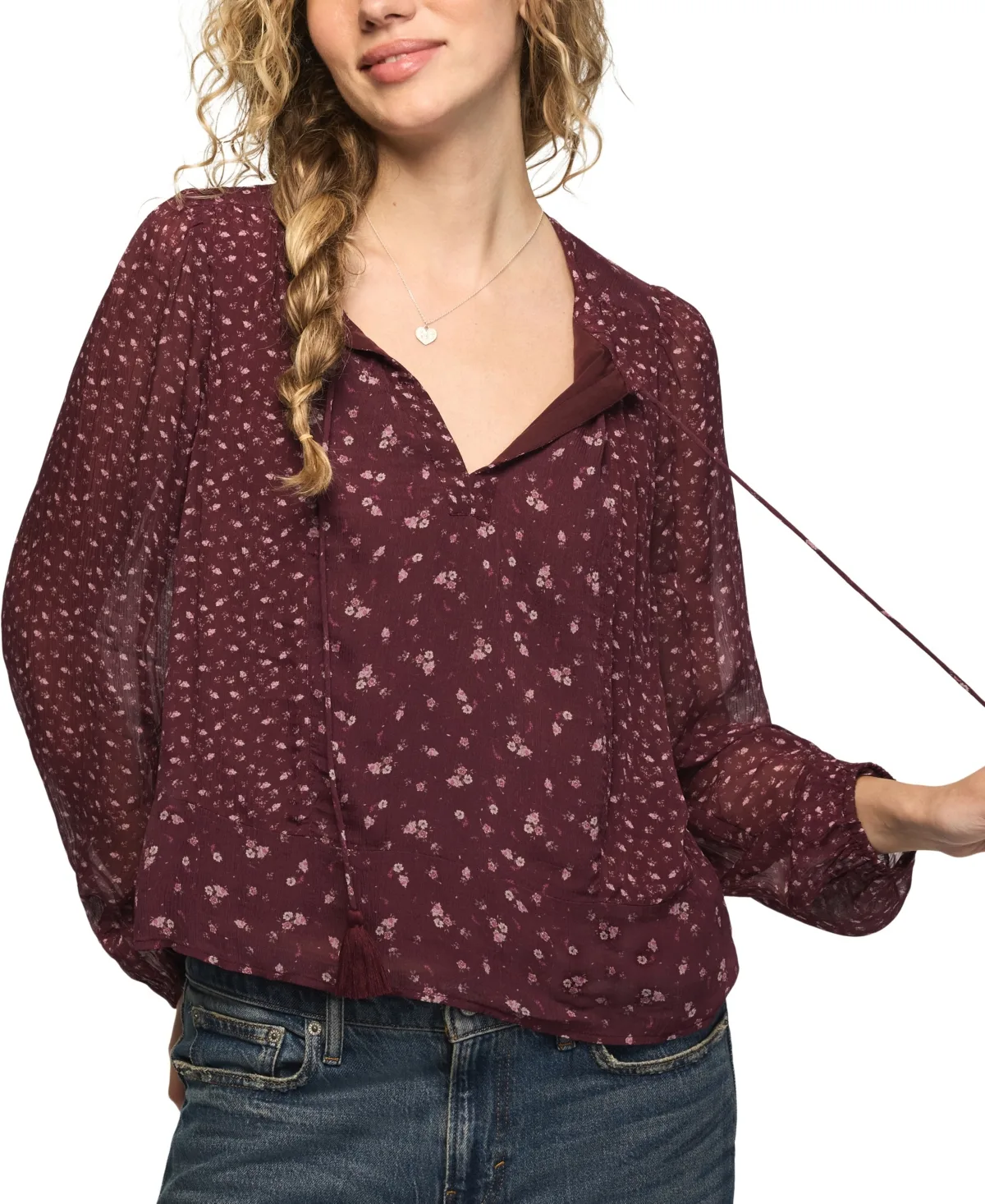 Floral-Print Sheer Long-Sleeve Peasant Top by Lucky Brand