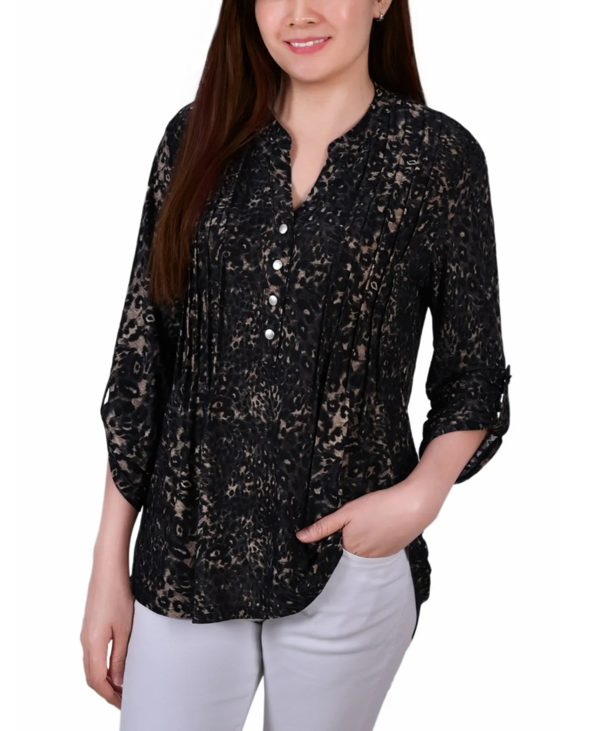3/4 Roll Tab Sleeve Y-Neck Top