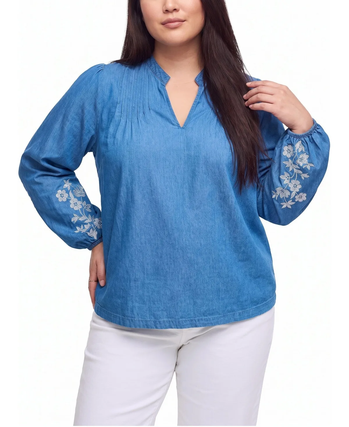Belle Isle V-Neck Long Bishop Sleeves Embroidered Chambray Blouse by Torrid