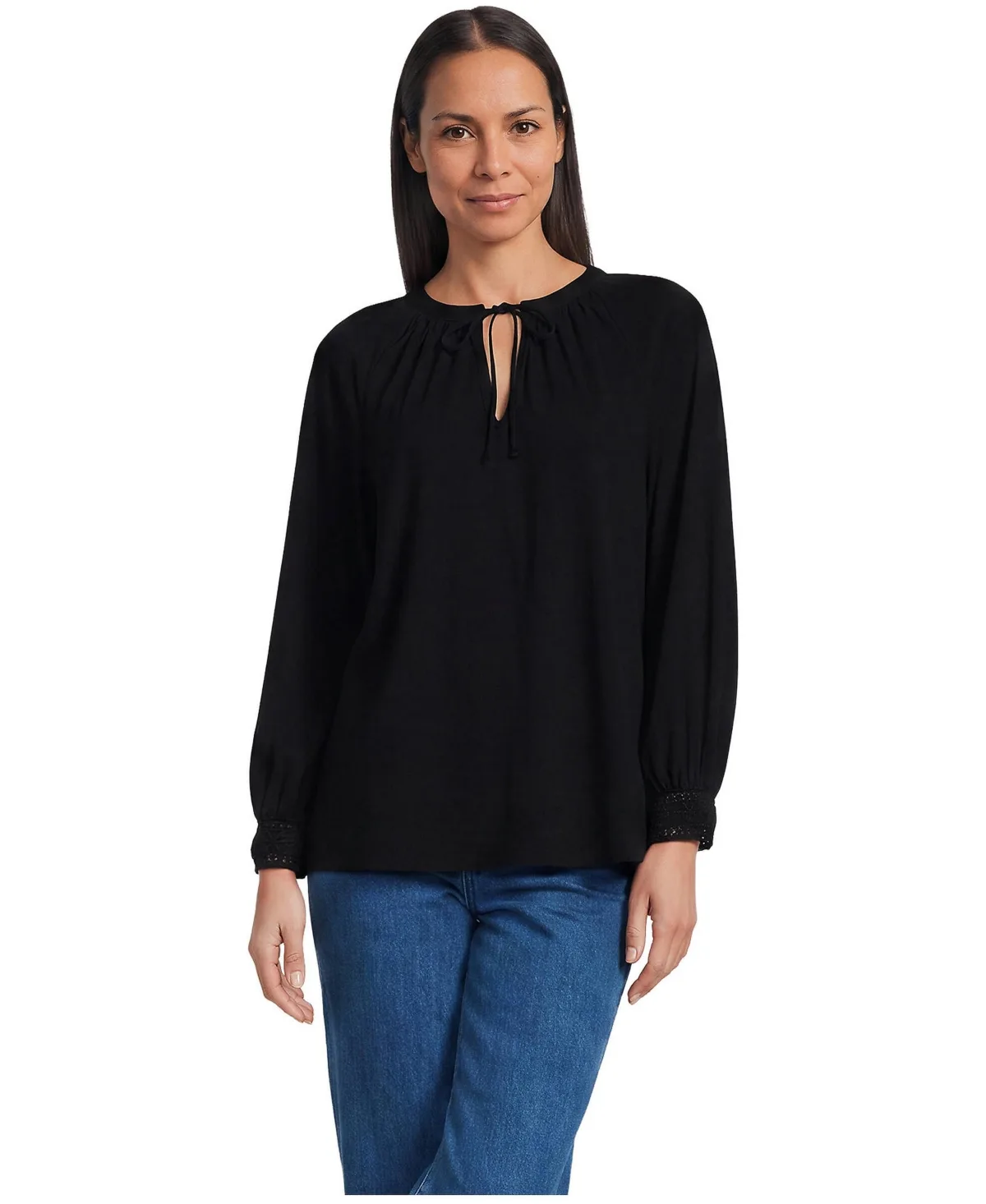 Long Sleeve Slub Jersey Embroidered Sleeve Blouse