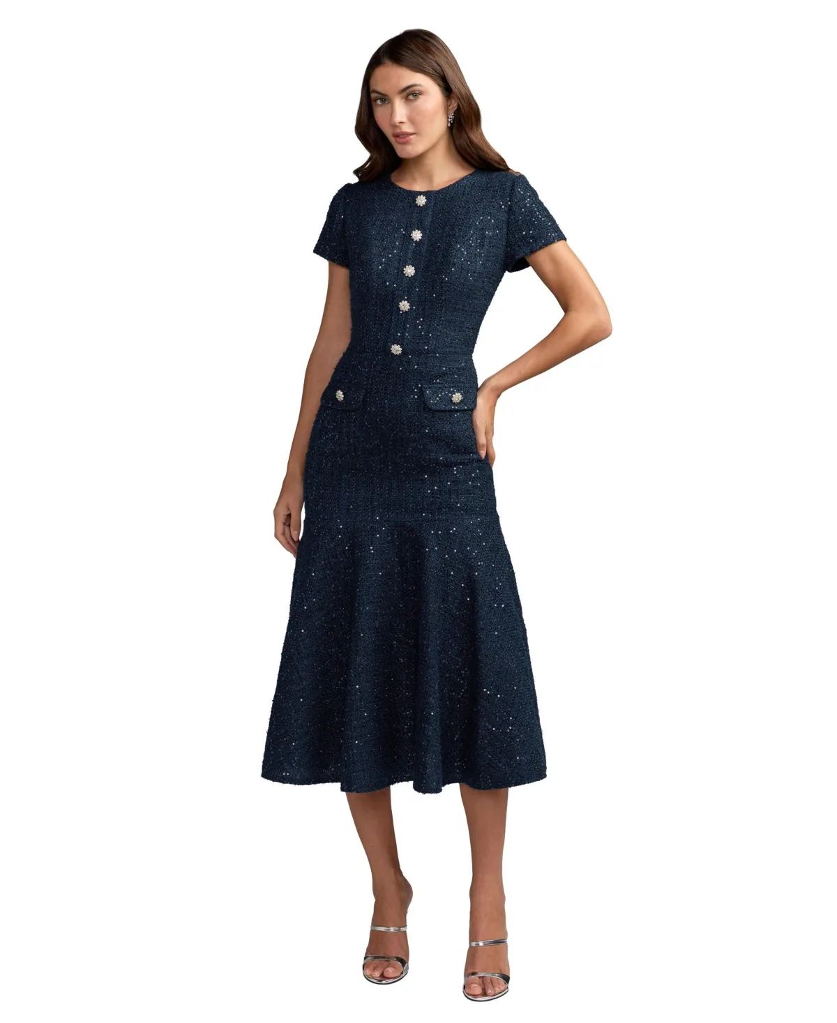 Mac Duggal Sequin Tweed Short Sleeve A-Line Midi Dress by M.A.C.