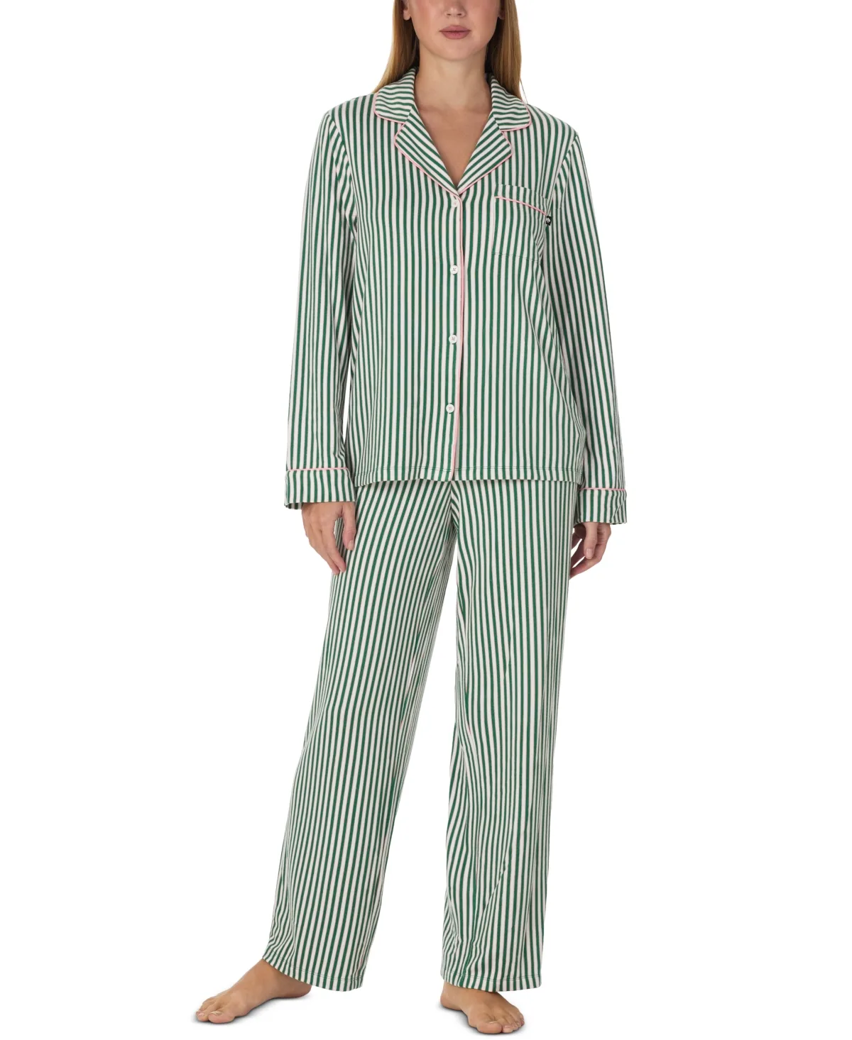 Long-Sleeve Notch Collar Brushed Jersey Top and Pants, 2-Piece Set