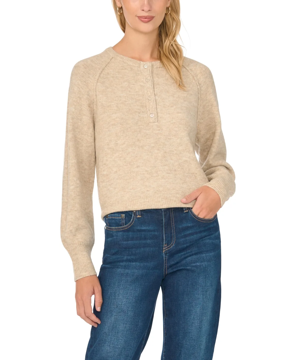 Long-Sleeve Raglan Henley Sweater