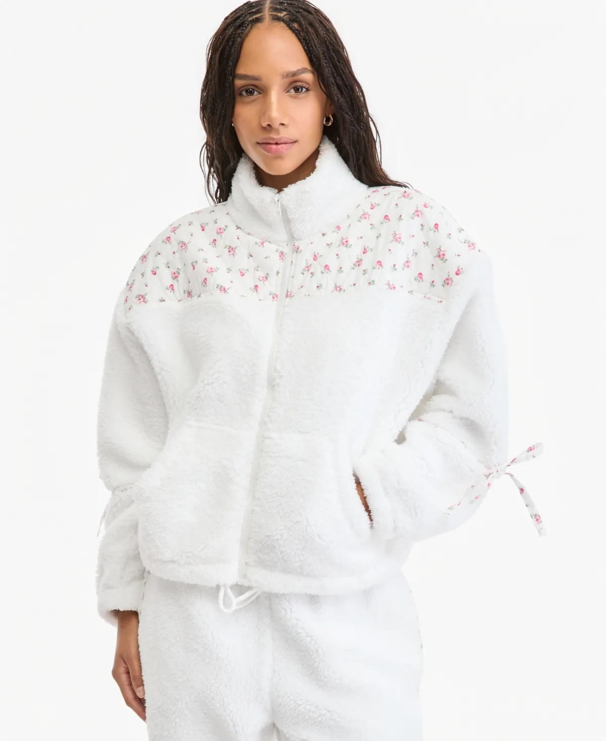 Floral-Panel Zip-Front Sherpa Jacket by Madden Girl
