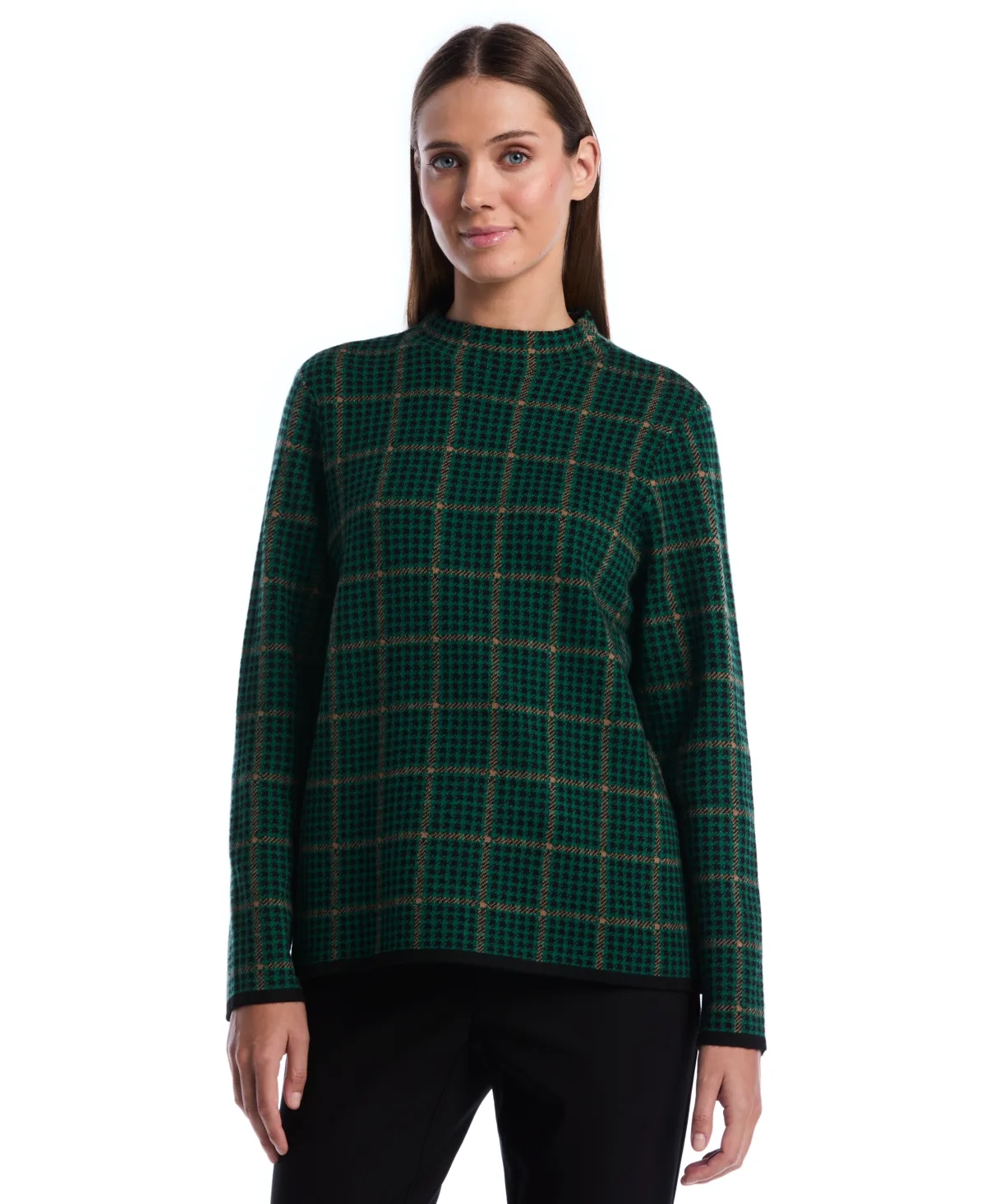 Mock-Neck Long-Sleeve Plaid Pullover Sweater by Rafaella