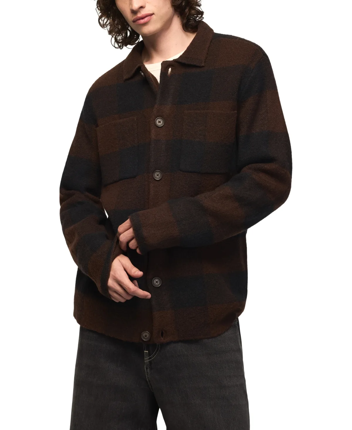 Plaid Birdseye Jacquard Knit Button-Down Cardigan by Lucky Brand