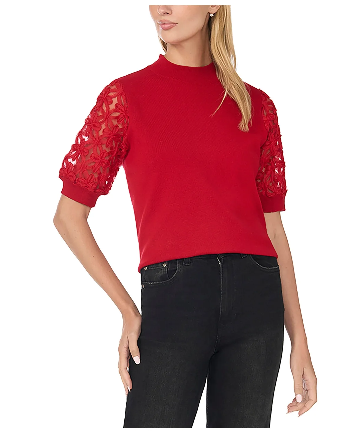 Mock Neck Short-Sleeve Floral Sweater by CeCe