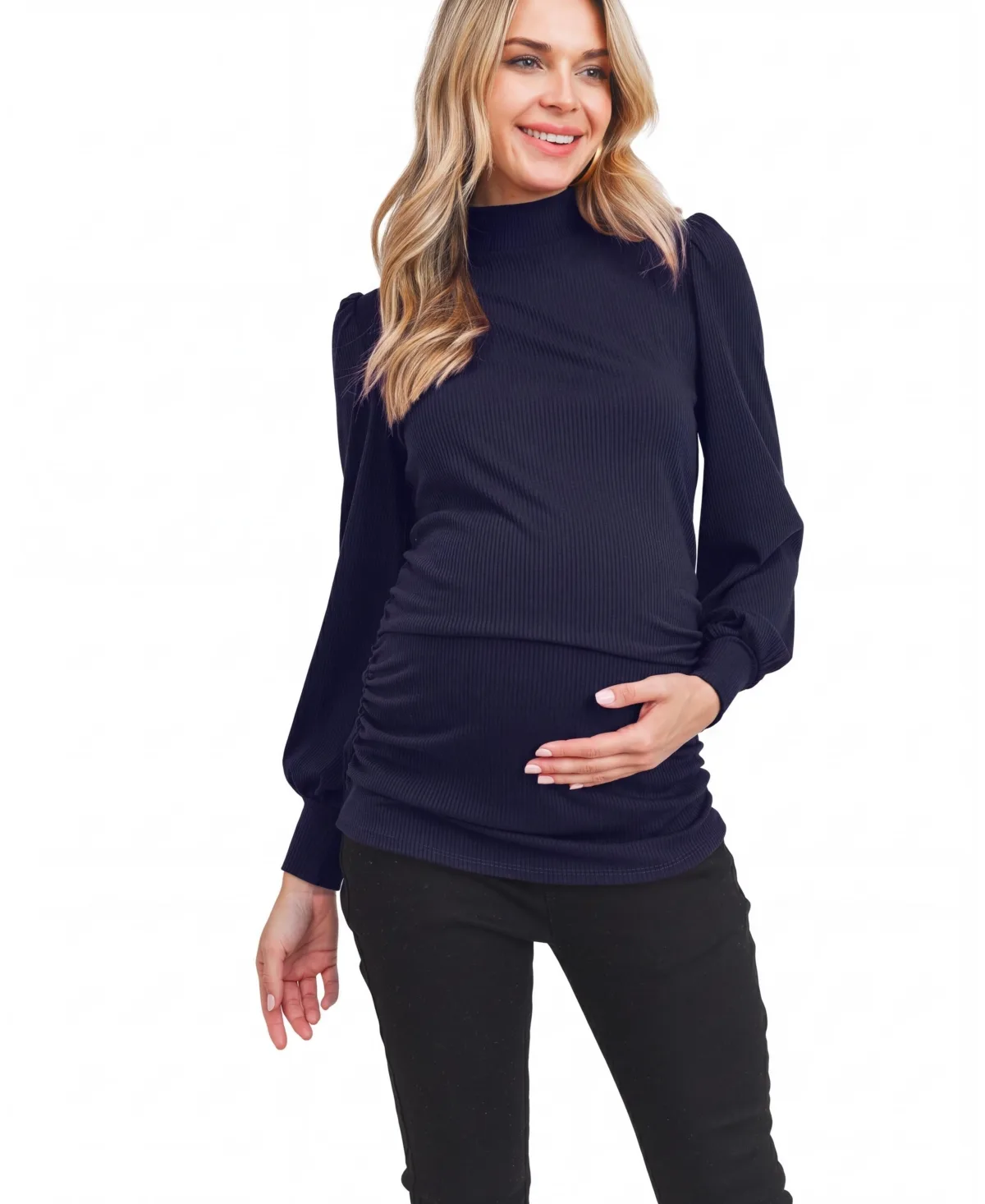 Puff-Shoulder Ribbed Mock-Neck Top by Hello Miz