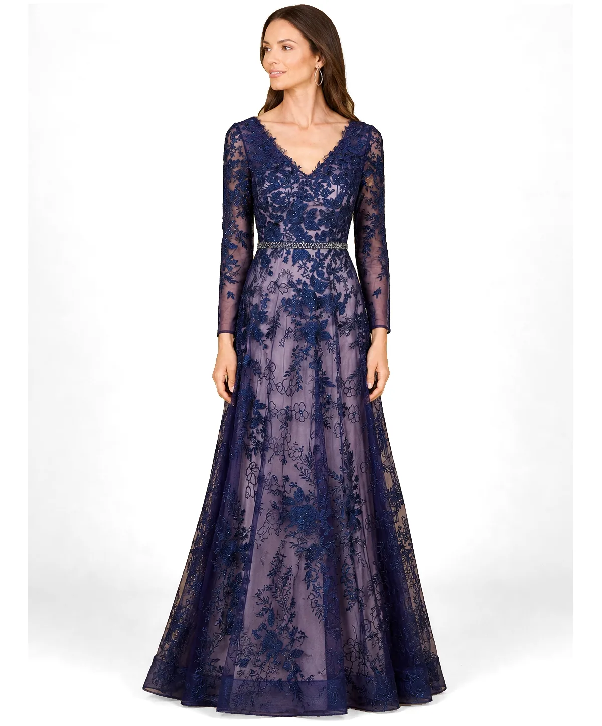 Long Sleeve V-Neck Lace Gown with Beaded Belt