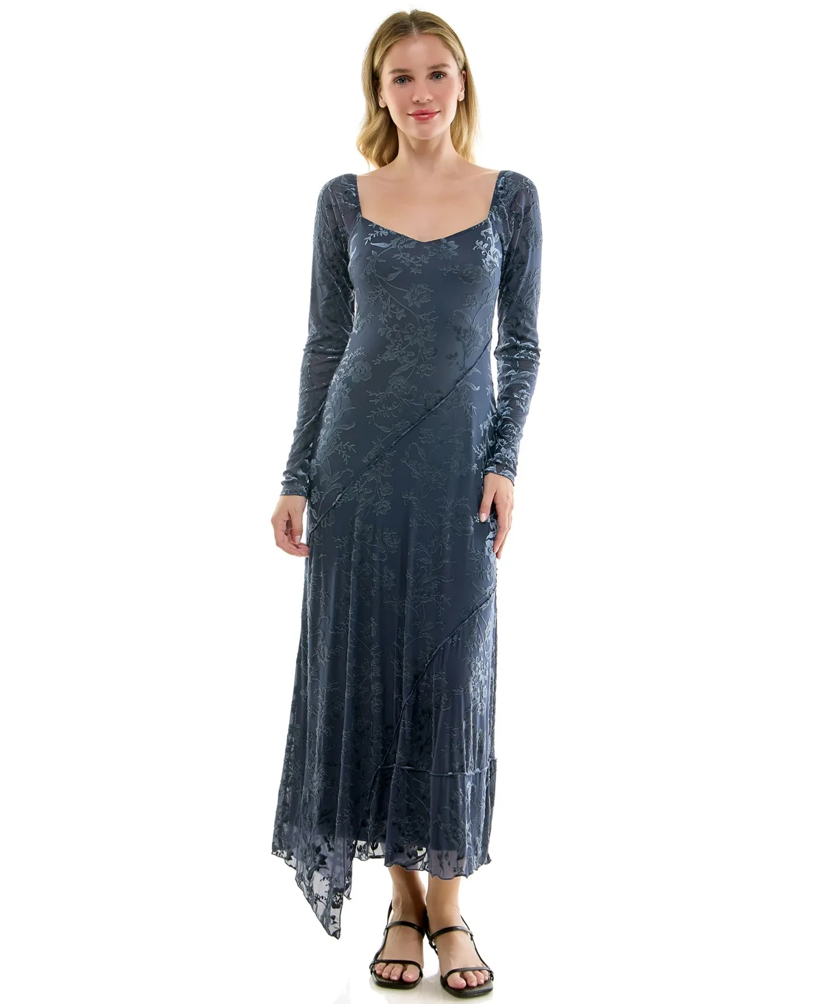 Long Sleeve V-Neck Velvet Burnout Midi Dress by Row a