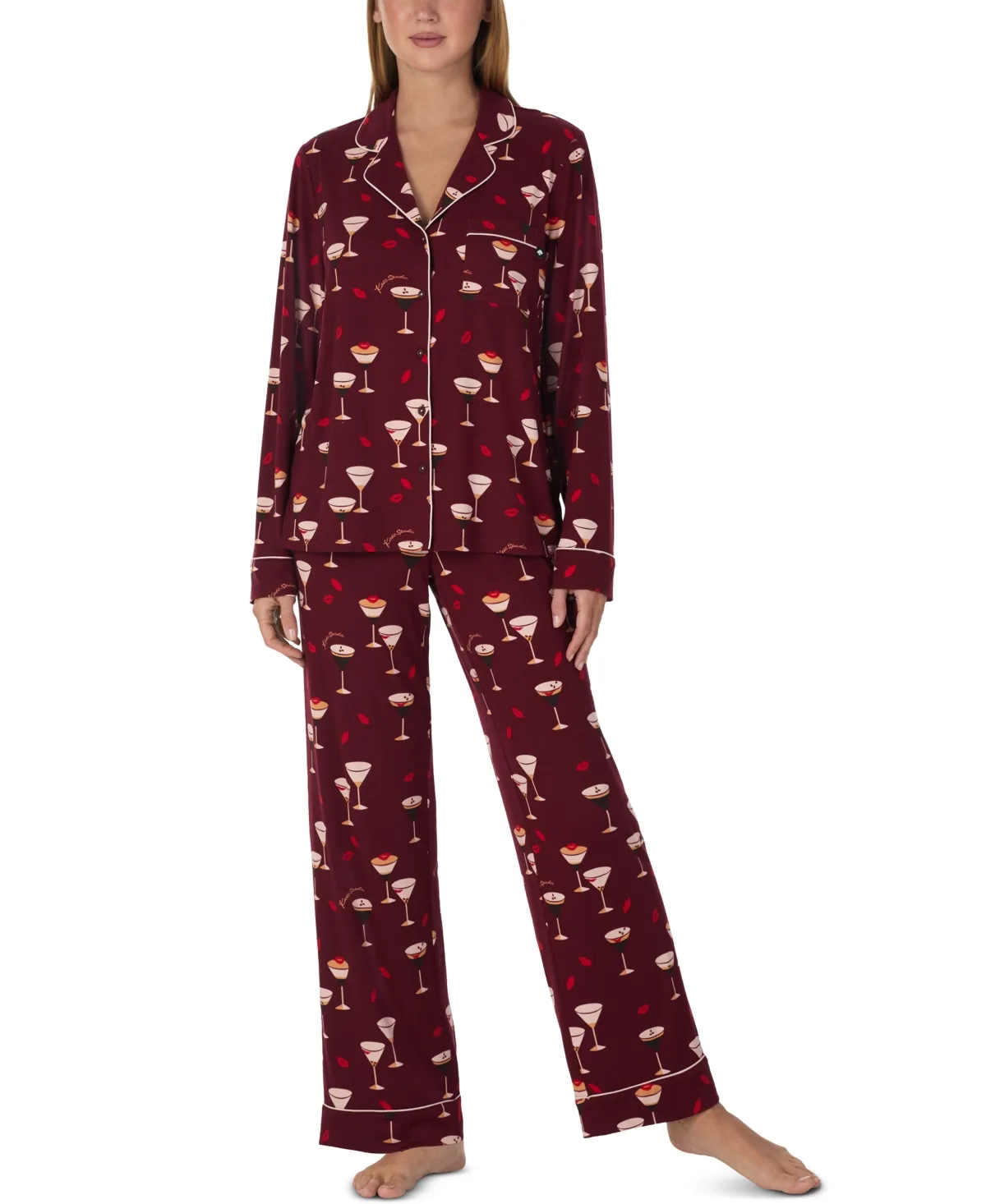 Long-Sleeve Notch Collar Brushed Jersey Long Pant Pajama Set