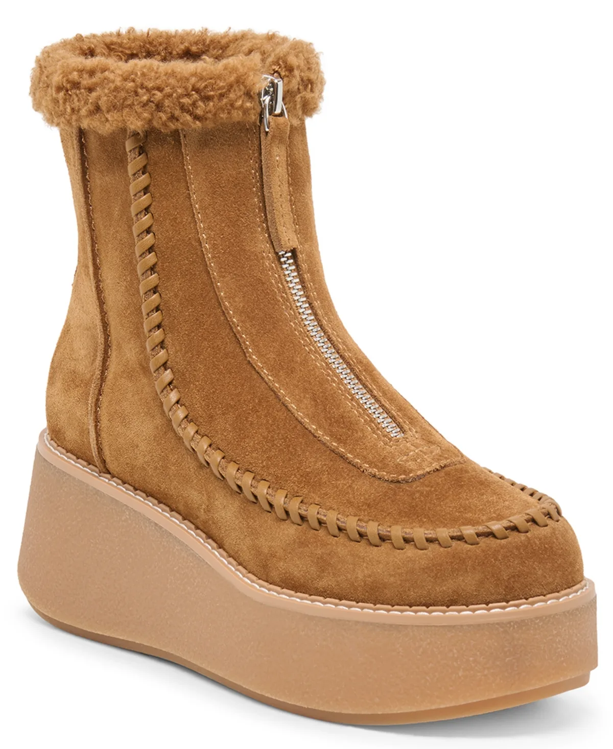 Roben Front-Zip Whipstitch Faux Fur Collar Booties - Light Brown Suede by Dolce Vita