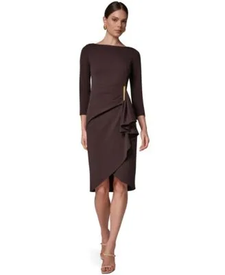 Long Sleeve Boat Neck Side Cascade Ruffle Dress by Donna Karan New York