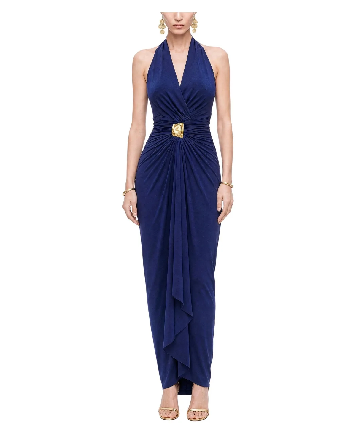 Halter V-Neck Gold-Tone Buckle Detail Maxi Dress by Nocturne