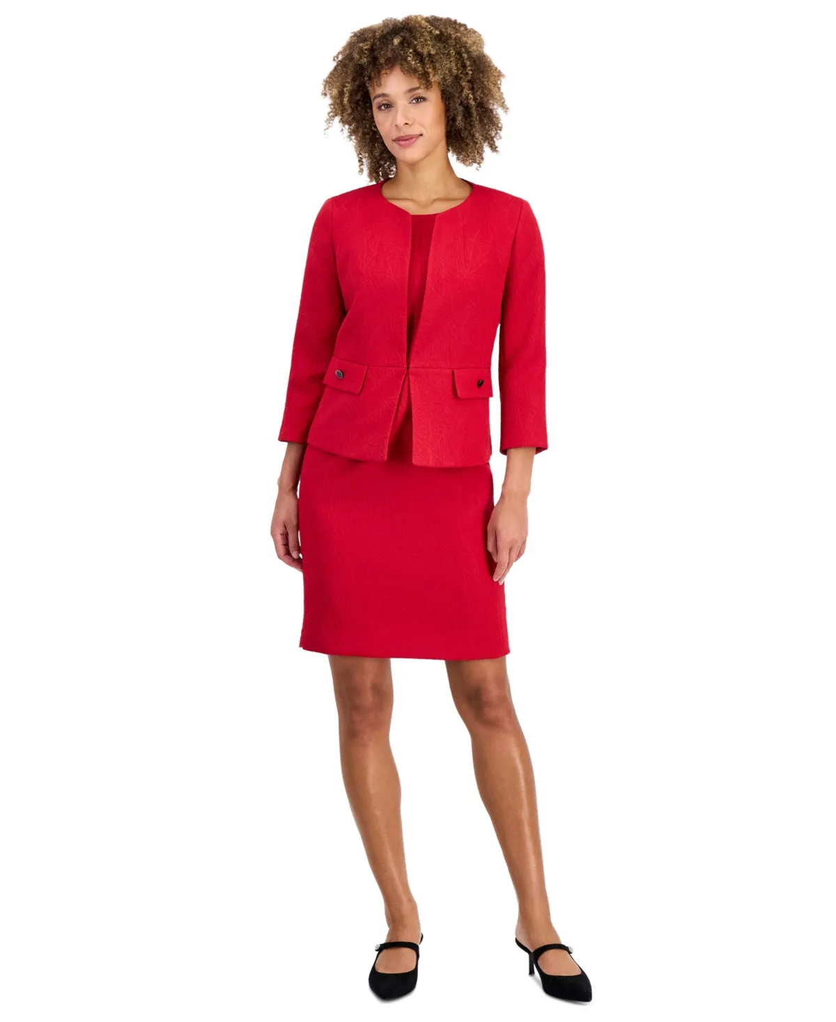 Jacquard 3/4-Sleeve Open-Front Cardigan and Dress, 2-Piece Set by Le Suit