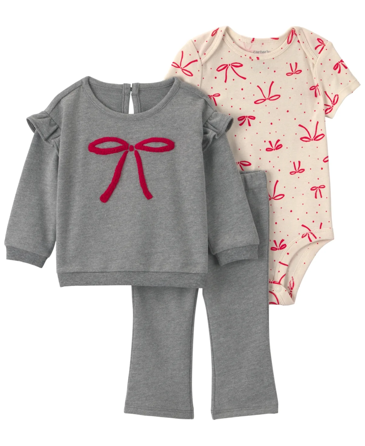 French-Terry Bow-Print Long-Sleeve Top, Bodysuit and Pants, 3-Piece Set by Carter's