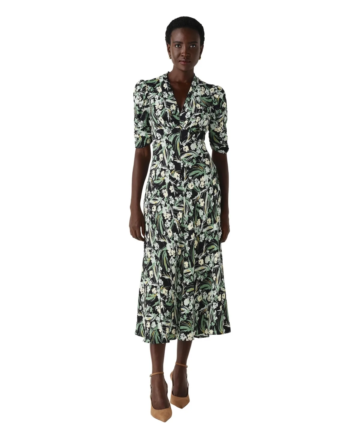 Mia Floral-Print Puff-Sleeve V-Neck Midi Dress by Ghost London